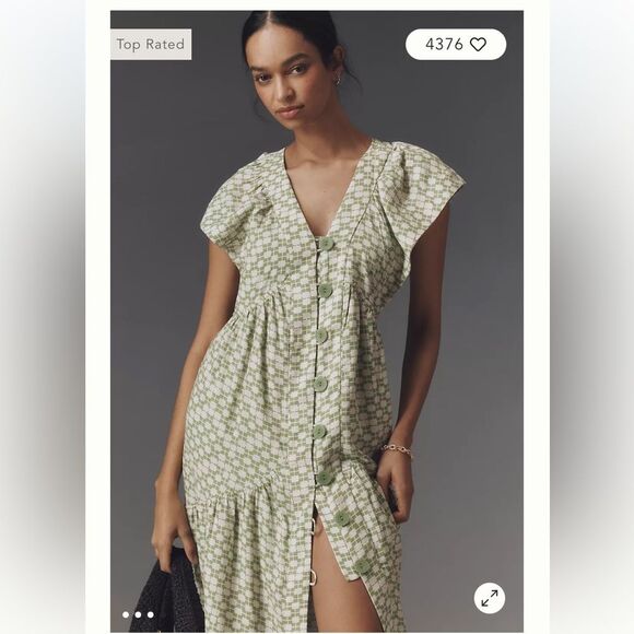Anthropologie The Rene Flutter-Sleeve Linen Button-Front Midi Dress